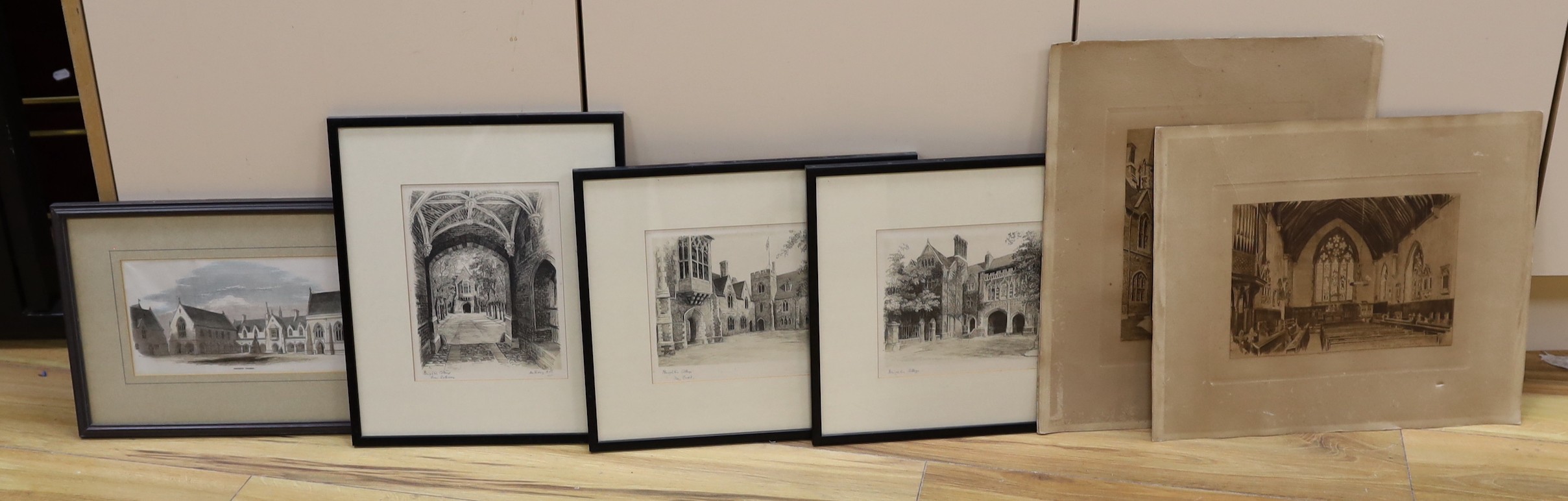 Anthony Hill (1930-2020), three etchings, Views of Brighton College, 16 x 21cm, with four other assorted views of the college